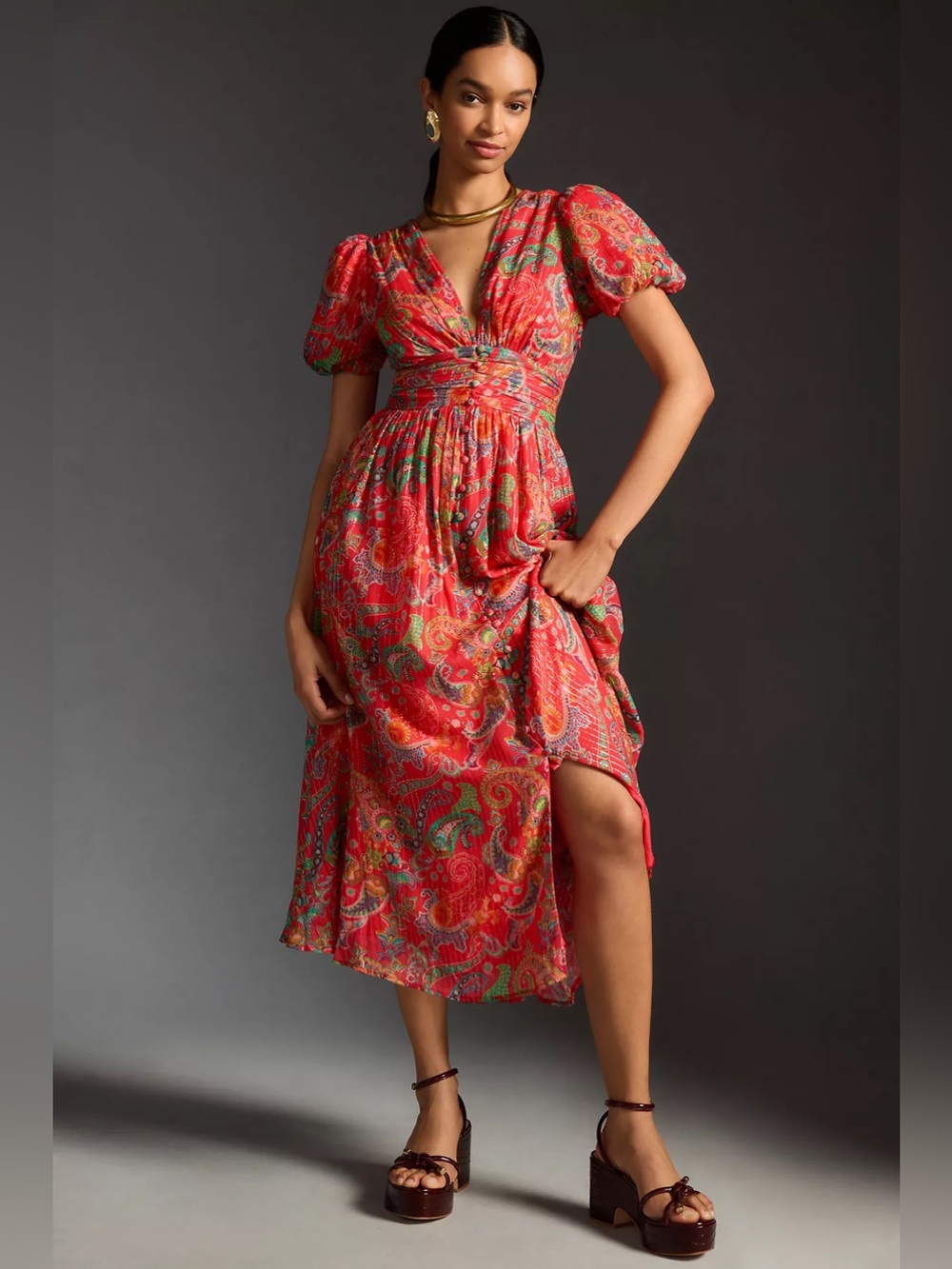 Anthropologie The Katerina Lurex Button Front Midi Dress Red Paisley Shimmer 4 - Picture 12 of 12